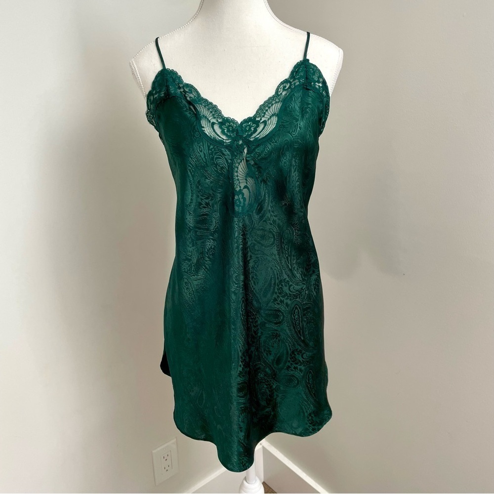 Vintage Satin Slip Dress Lace Trim Emerald Green Size Large Coquette Feminine
